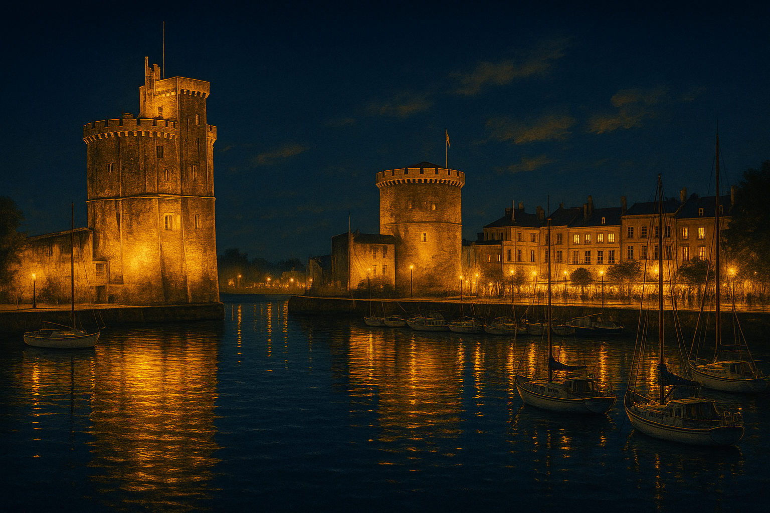 Port de La Rochelle de nuit, lumière chaleureuse sur le front de mer